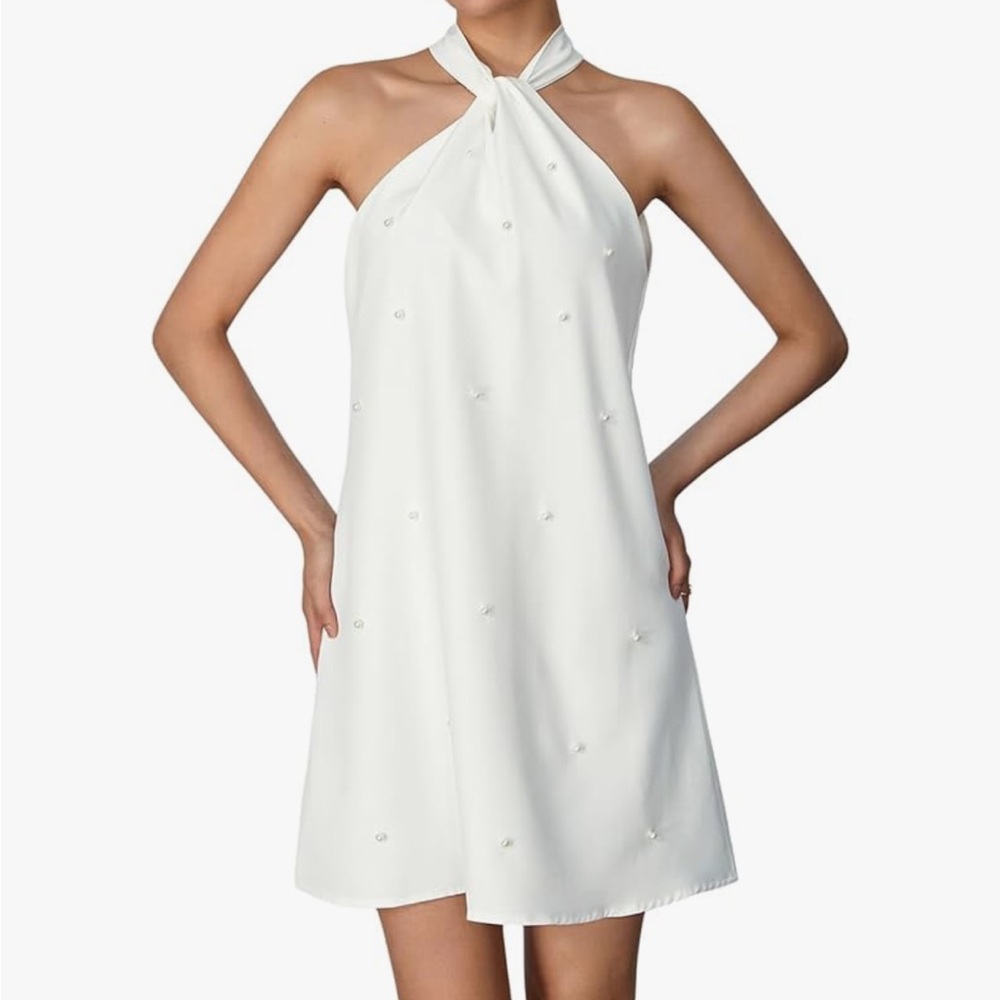 Elegant White Pearl Halter Mini Dress